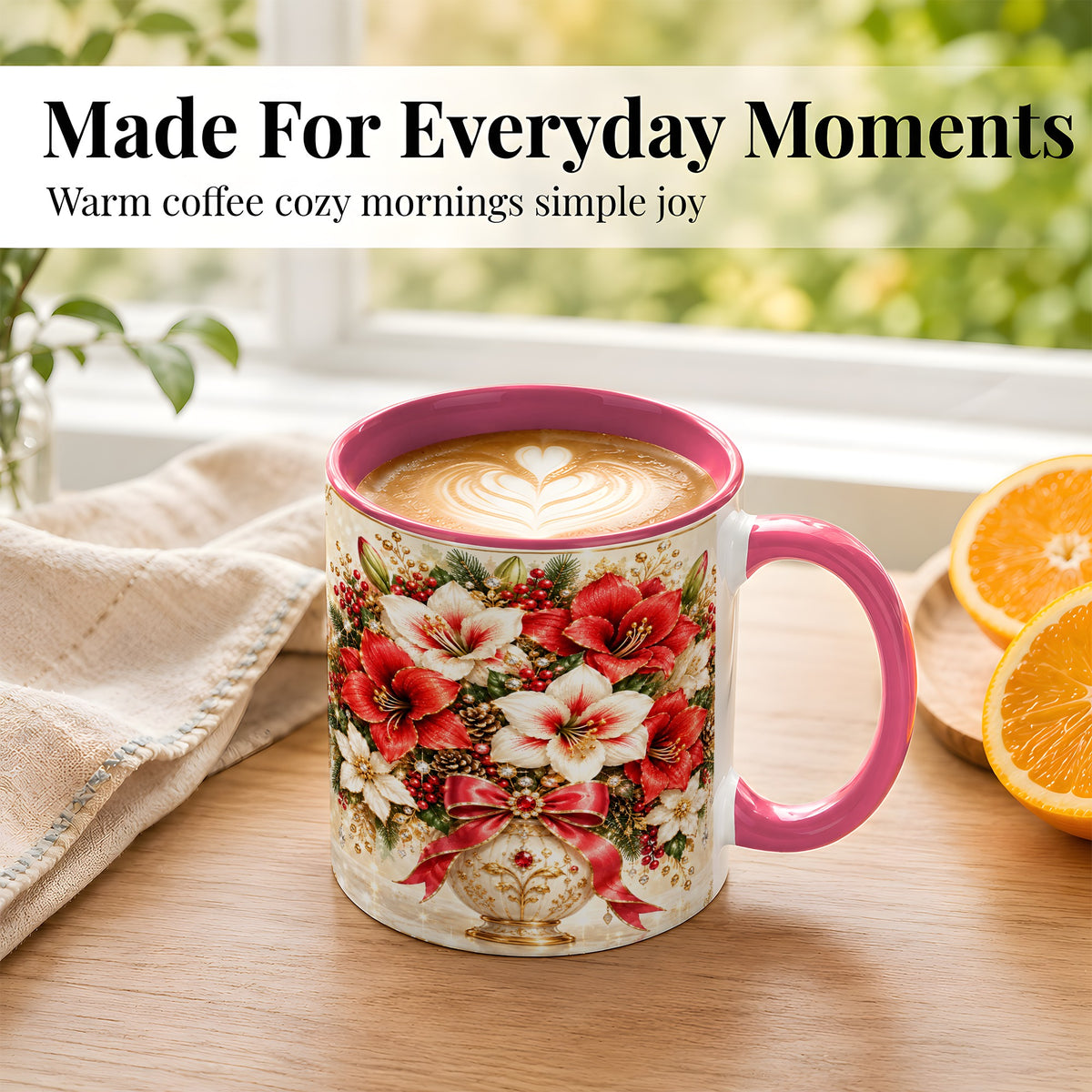 #pl[11oz|Pink] Jeweled Christmas Amaryllis Coffee Mug, Holiday Floral Mug, Ceramic Cup