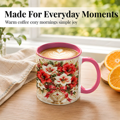 #pl[11oz|Pink] Jeweled Christmas Amaryllis Coffee Mug, Holiday Floral Mug, Ceramic Cup