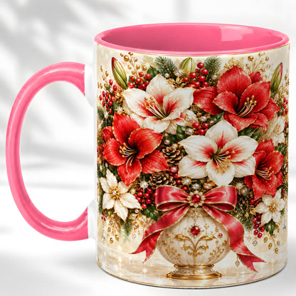#pl[11oz|Pink] Jeweled Christmas Amaryllis Coffee Mug, Holiday Floral Mug, Ceramic Cup