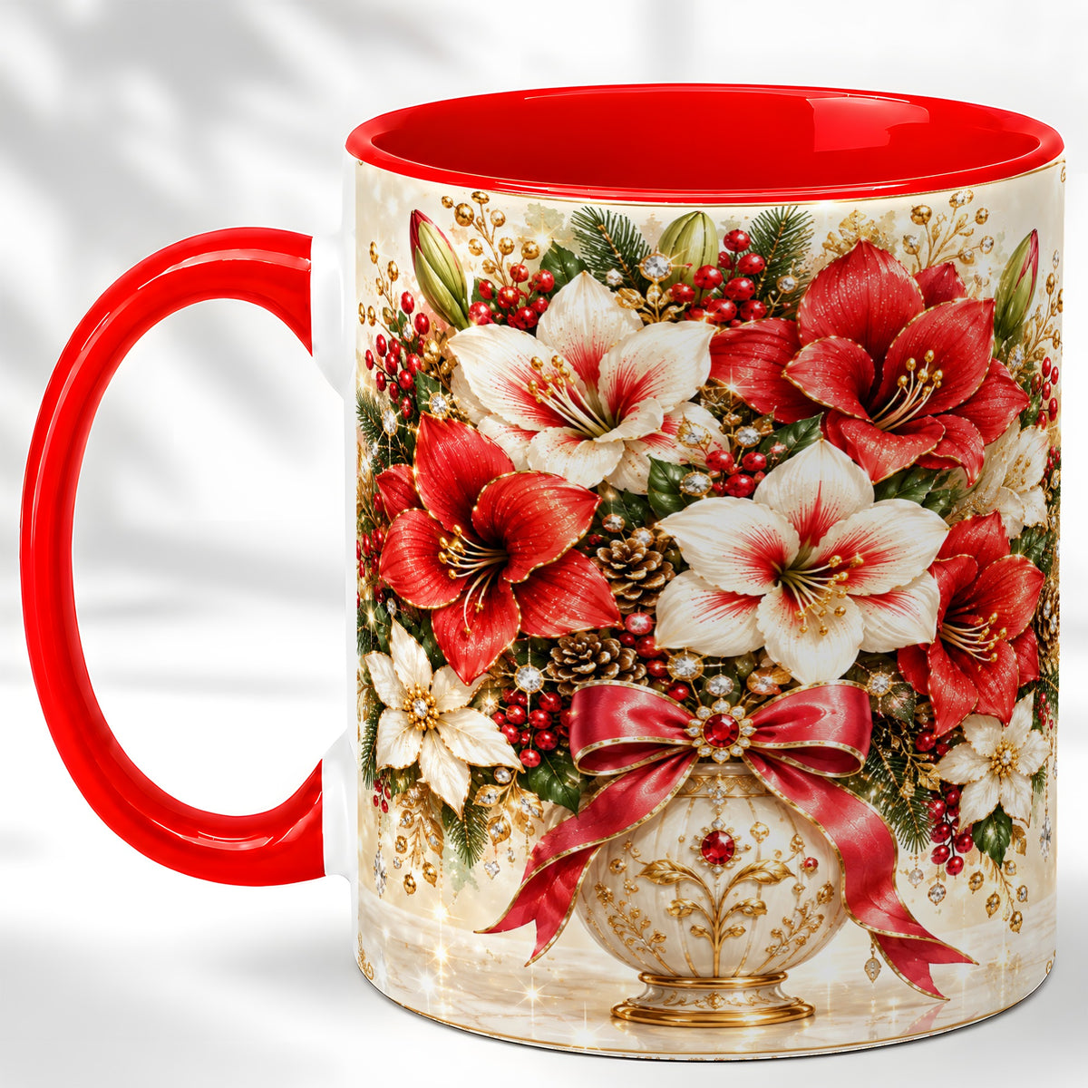 Jeweled Christmas Amaryllis Coffee Mug, Holiday Floral Mug, Ceramic Cup