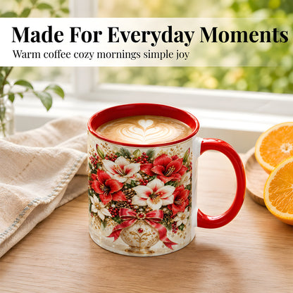 #pl[11oz|Red] Jeweled Christmas Amaryllis Coffee Mug, Holiday Floral Mug, Ceramic Cup