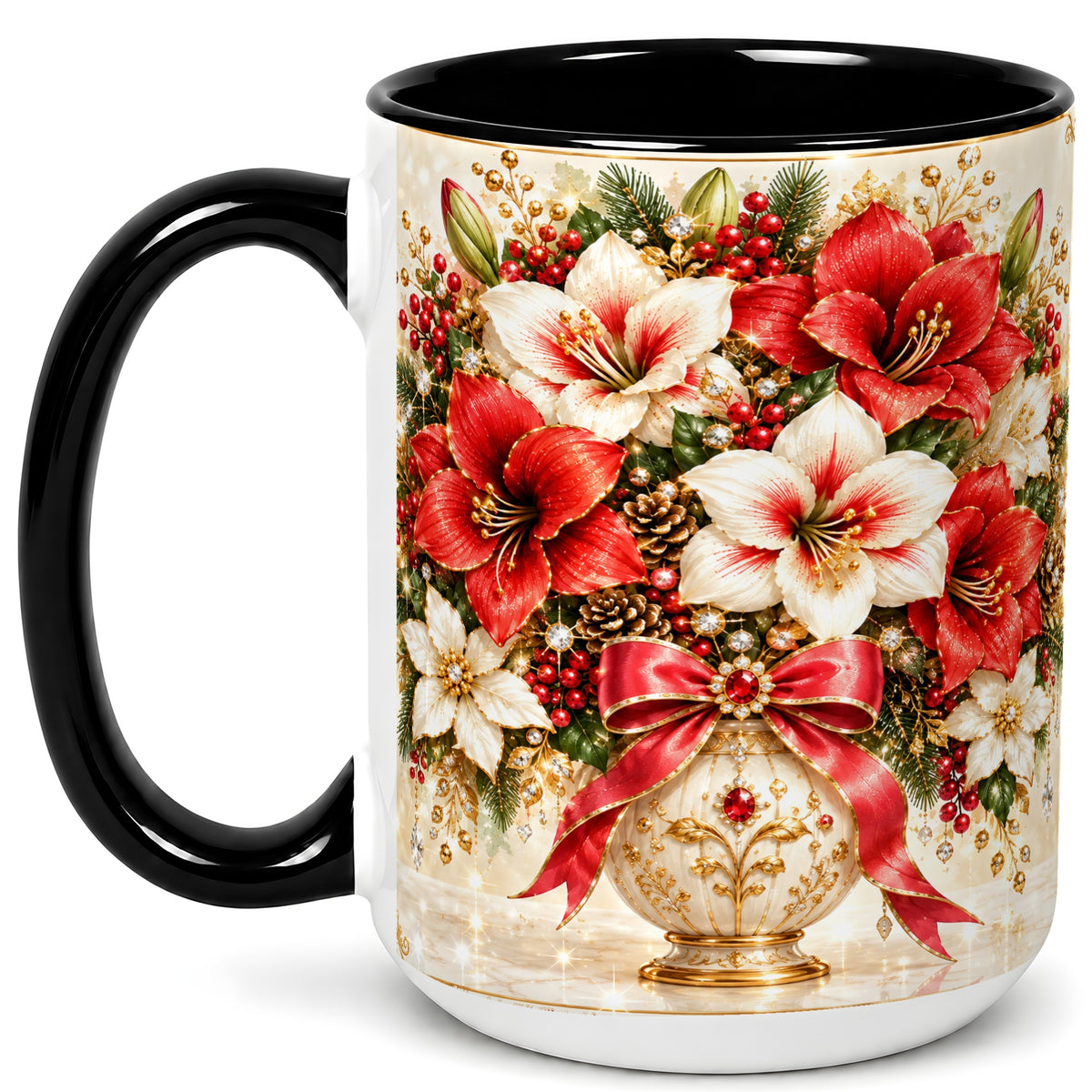 #pl[15oz|Black] Jeweled Christmas Amaryllis Coffee Mug, Holiday Floral Mug, Ceramic Cup