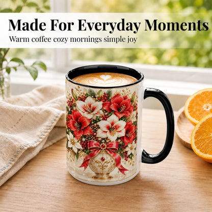 #pl[15oz|Black] Jeweled Christmas Amaryllis Coffee Mug, Holiday Floral Mug, Ceramic Cup