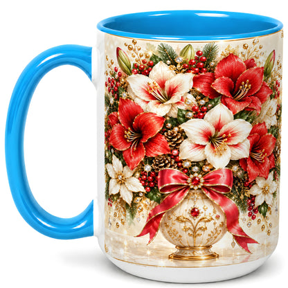 #pl[15oz|Blue] Jeweled Christmas Amaryllis Coffee Mug, Holiday Floral Mug, Ceramic Cup