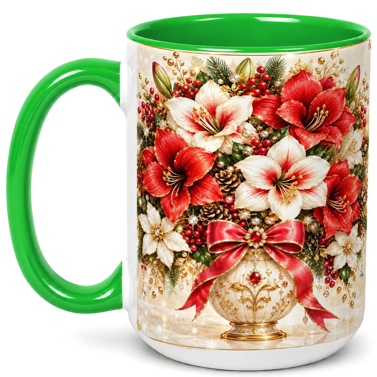 #pl[15oz|Green] Jeweled Christmas Amaryllis Coffee Mug, Holiday Floral Mug, Ceramic Cup