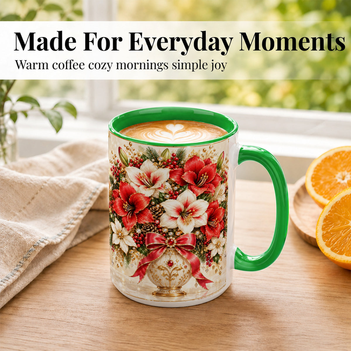 #pl[15oz|Green] Jeweled Christmas Amaryllis Coffee Mug, Holiday Floral Mug, Ceramic Cup