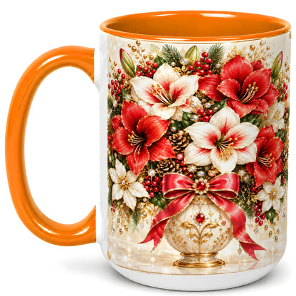 #pl[15oz|Orange] Jeweled Christmas Amaryllis Coffee Mug, Holiday Floral Mug, Ceramic Cup
