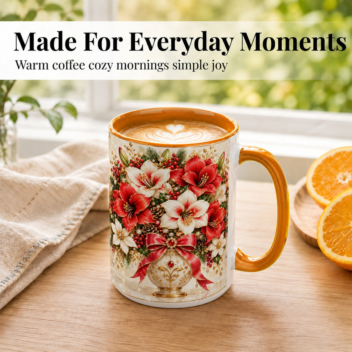 #pl[15oz|Orange] Jeweled Christmas Amaryllis Coffee Mug, Holiday Floral Mug, Ceramic Cup