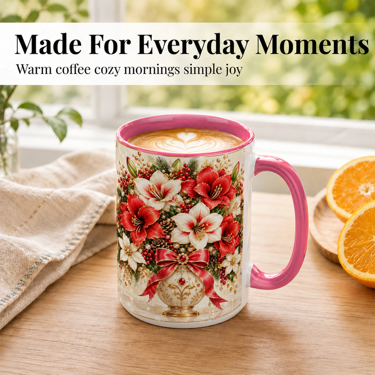 #pl[15oz|Pink] Jeweled Christmas Amaryllis Coffee Mug, Holiday Floral Mug, Ceramic Cup