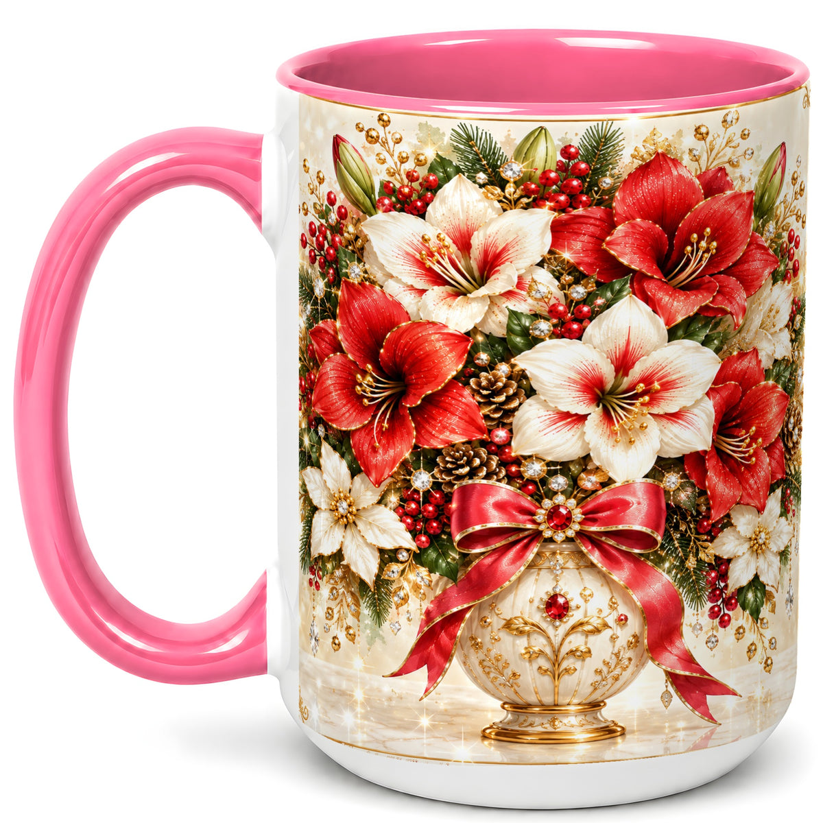 #pl[15oz|Pink] Jeweled Christmas Amaryllis Coffee Mug, Holiday Floral Mug, Ceramic Cup