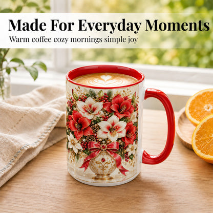 #pl[15oz|Red] Jeweled Christmas Amaryllis Coffee Mug, Holiday Floral Mug, Ceramic Cup