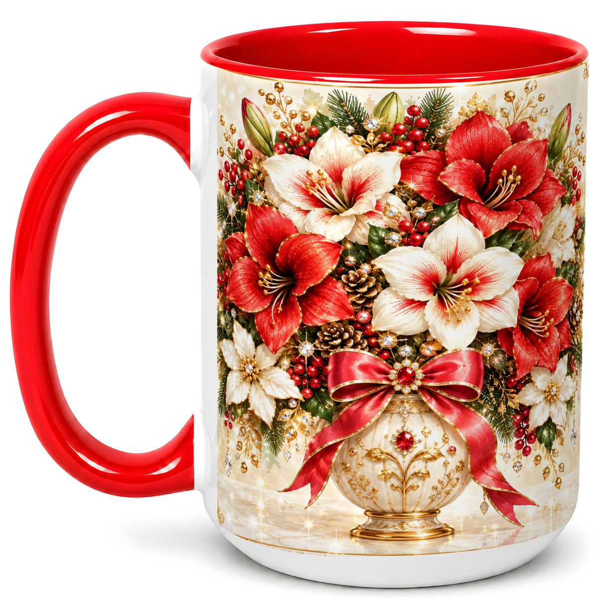 #pl[15oz|Red] Jeweled Christmas Amaryllis Coffee Mug, Holiday Floral Mug, Ceramic Cup