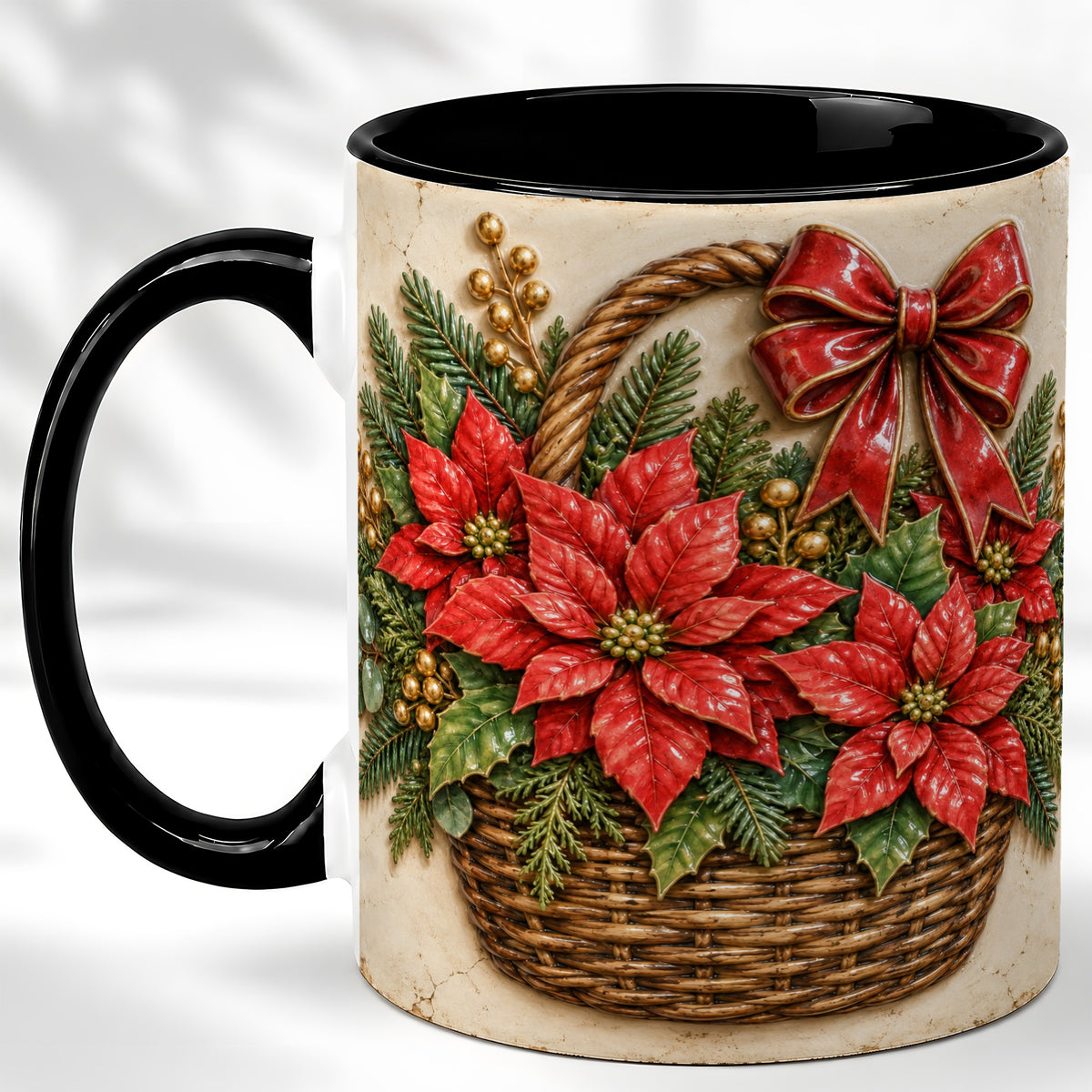 #pl[11oz|Black] Christmas Poinsettia Basket Coffee Mug, Vintage Floral Mug, Ceramic Cup