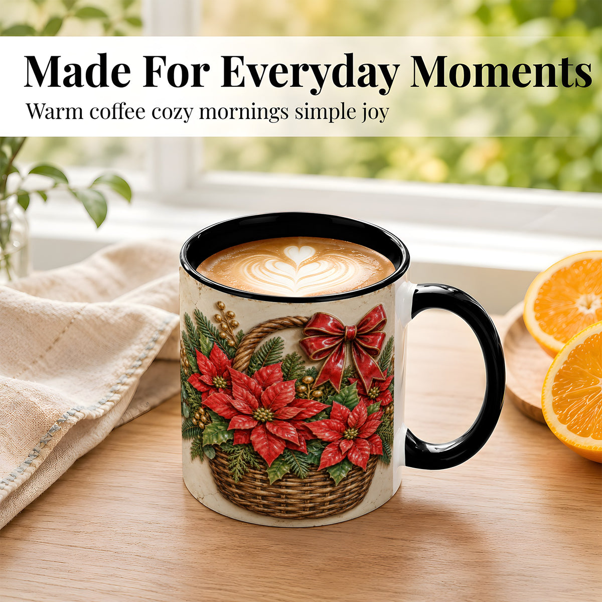 #pl[11oz|Black] Christmas Poinsettia Basket Coffee Mug, Vintage Floral Mug, Ceramic Cup
