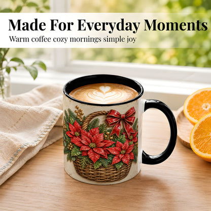 #pl[11oz|Black] Christmas Poinsettia Basket Coffee Mug, Vintage Floral Mug, Ceramic Cup