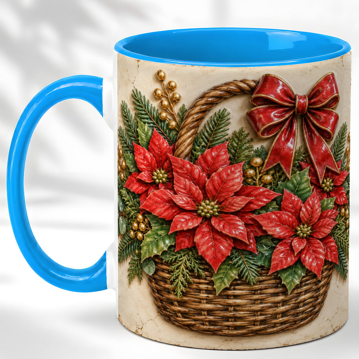 #pl[11oz|Blue] Christmas Poinsettia Basket Coffee Mug, Vintage Floral Mug, Ceramic Cup