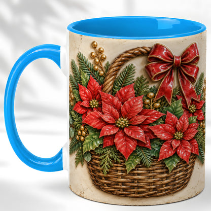 #pl[11oz|Blue] Christmas Poinsettia Basket Coffee Mug, Vintage Floral Mug, Ceramic Cup