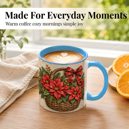 #pl[11oz|Blue] Christmas Poinsettia Basket Coffee Mug, Vintage Floral Mug, Ceramic Cup
