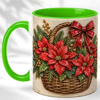 #pl[11oz|Green] Christmas Poinsettia Basket Coffee Mug, Vintage Floral Mug, Ceramic Cup