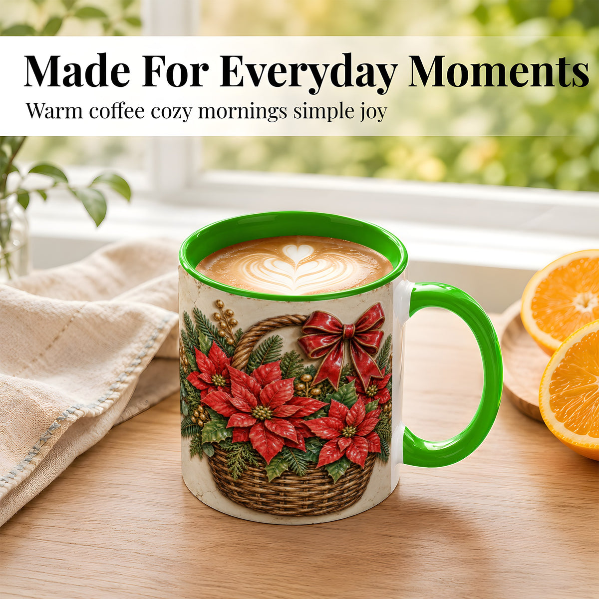 #pl[11oz|Green] Christmas Poinsettia Basket Coffee Mug, Vintage Floral Mug, Ceramic Cup