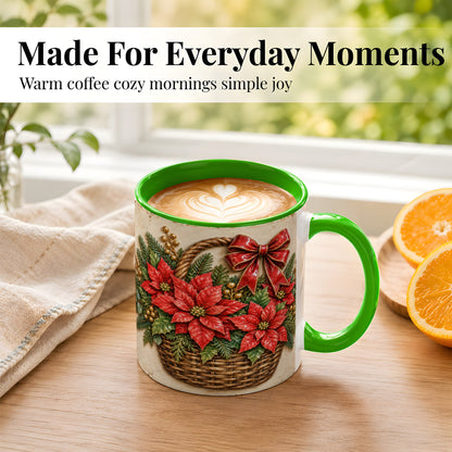 #pl[11oz|Green] Christmas Poinsettia Basket Coffee Mug, Vintage Floral Mug, Ceramic Cup