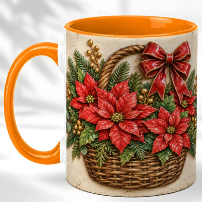 #pl[11oz|Orange] Christmas Poinsettia Basket Coffee Mug, Vintage Floral Mug, Ceramic Cup
