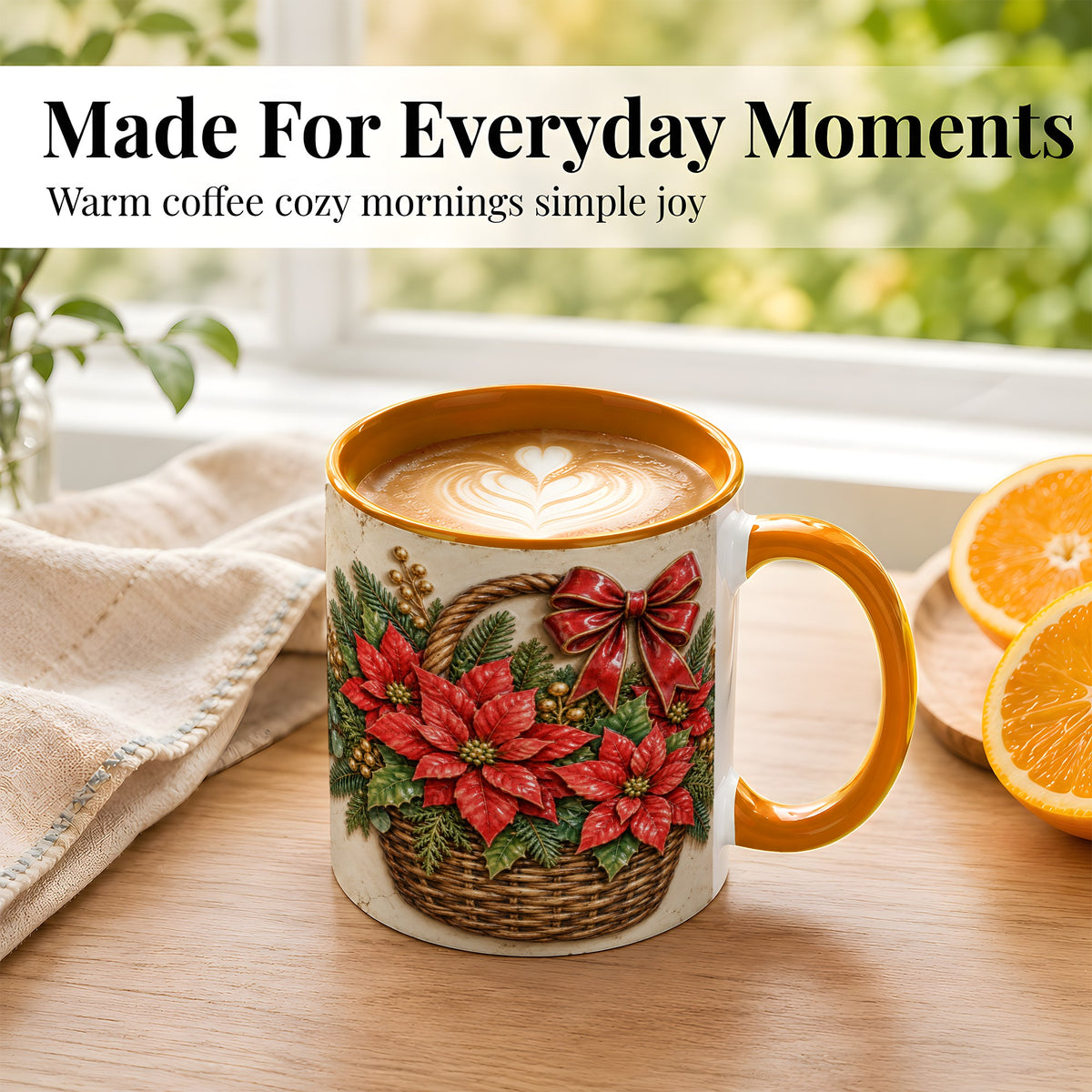 #pl[11oz|Orange] Christmas Poinsettia Basket Coffee Mug, Vintage Floral Mug, Ceramic Cup