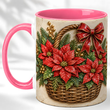 #pl[11oz|Pink] Christmas Poinsettia Basket Coffee Mug, Vintage Floral Mug, Ceramic Cup