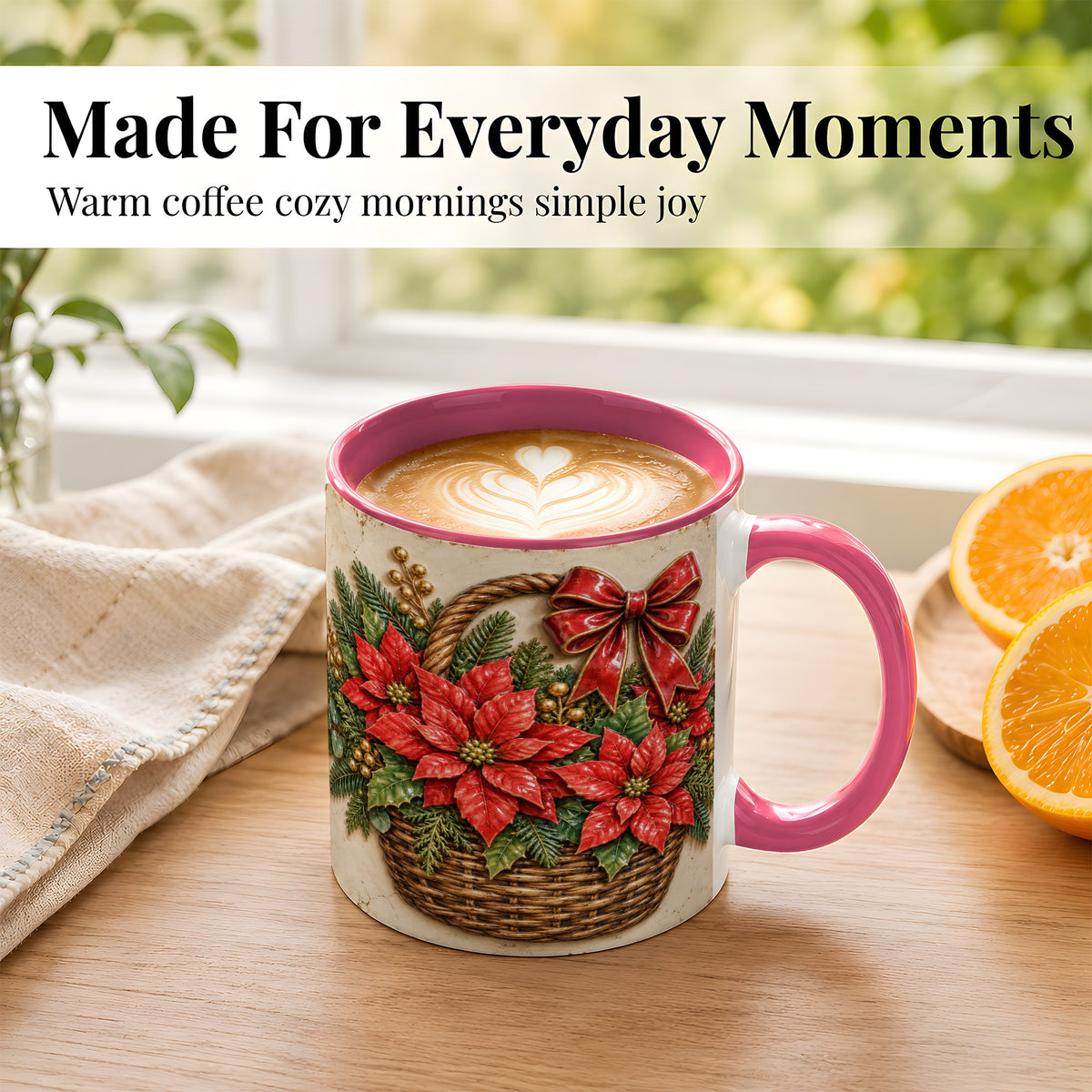 #pl[11oz|Pink] Christmas Poinsettia Basket Coffee Mug, Vintage Floral Mug, Ceramic Cup