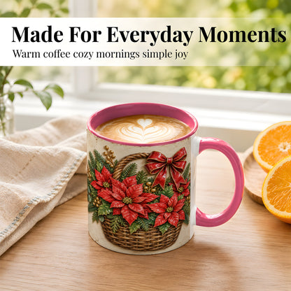#pl[11oz|Pink] Christmas Poinsettia Basket Coffee Mug, Vintage Floral Mug, Ceramic Cup