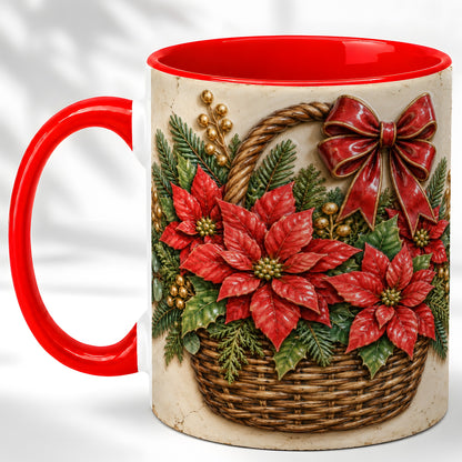Christmas Poinsettia Basket Coffee Mug, Vintage Floral Mug, Ceramic Cup