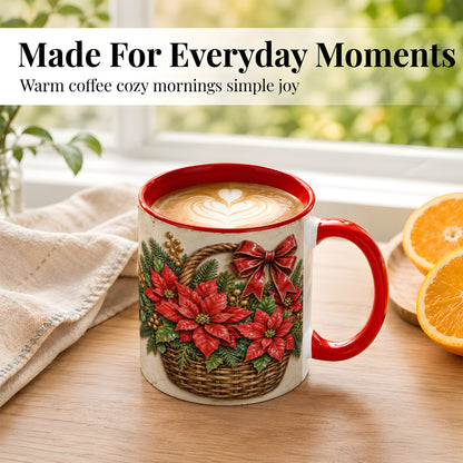 #pl[11oz|Red] Christmas Poinsettia Basket Coffee Mug, Vintage Floral Mug, Ceramic Cup