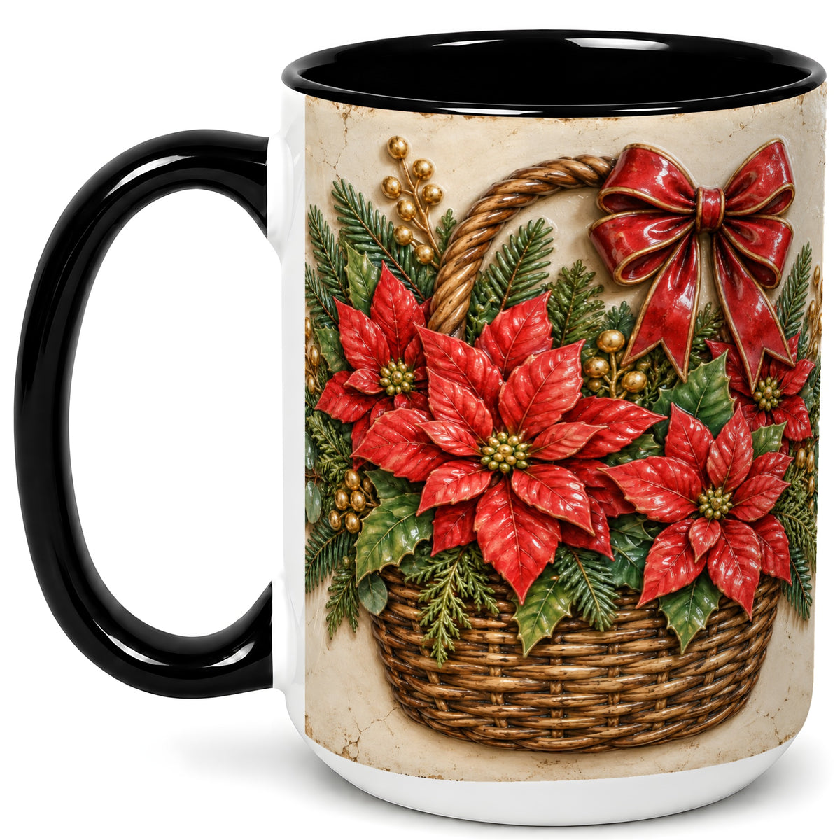 #pl[15oz|Black] Christmas Poinsettia Basket Coffee Mug, Vintage Floral Mug, Ceramic Cup
