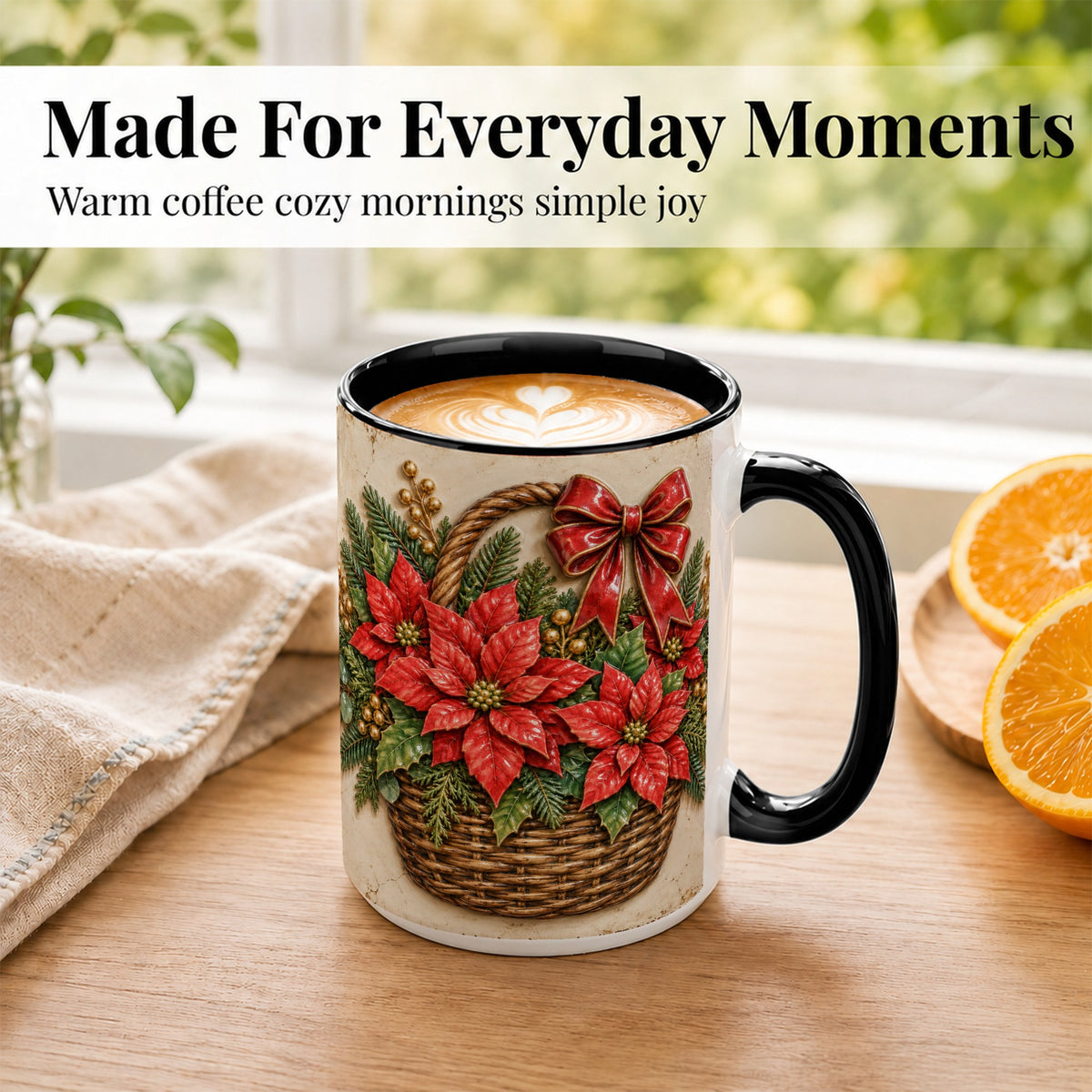 #pl[15oz|Black] Christmas Poinsettia Basket Coffee Mug, Vintage Floral Mug, Ceramic Cup