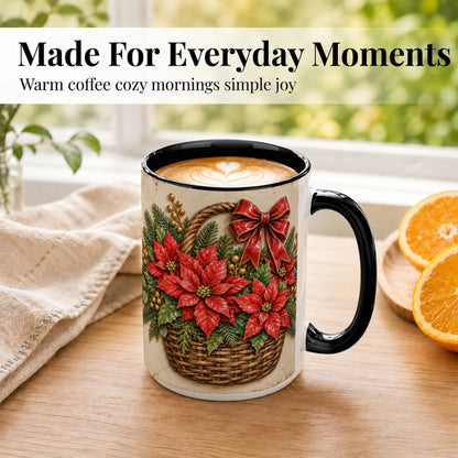 #pl[15oz|Black] Christmas Poinsettia Basket Coffee Mug, Vintage Floral Mug, Ceramic Cup