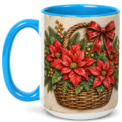 #pl[15oz|Blue] Christmas Poinsettia Basket Coffee Mug, Vintage Floral Mug, Ceramic Cup