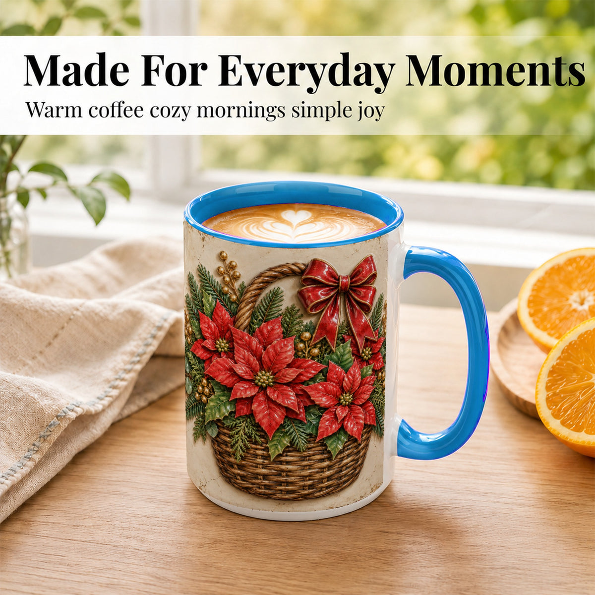 #pl[15oz|Blue] Christmas Poinsettia Basket Coffee Mug, Vintage Floral Mug, Ceramic Cup
