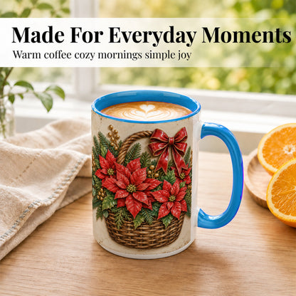 #pl[15oz|Blue] Christmas Poinsettia Basket Coffee Mug, Vintage Floral Mug, Ceramic Cup