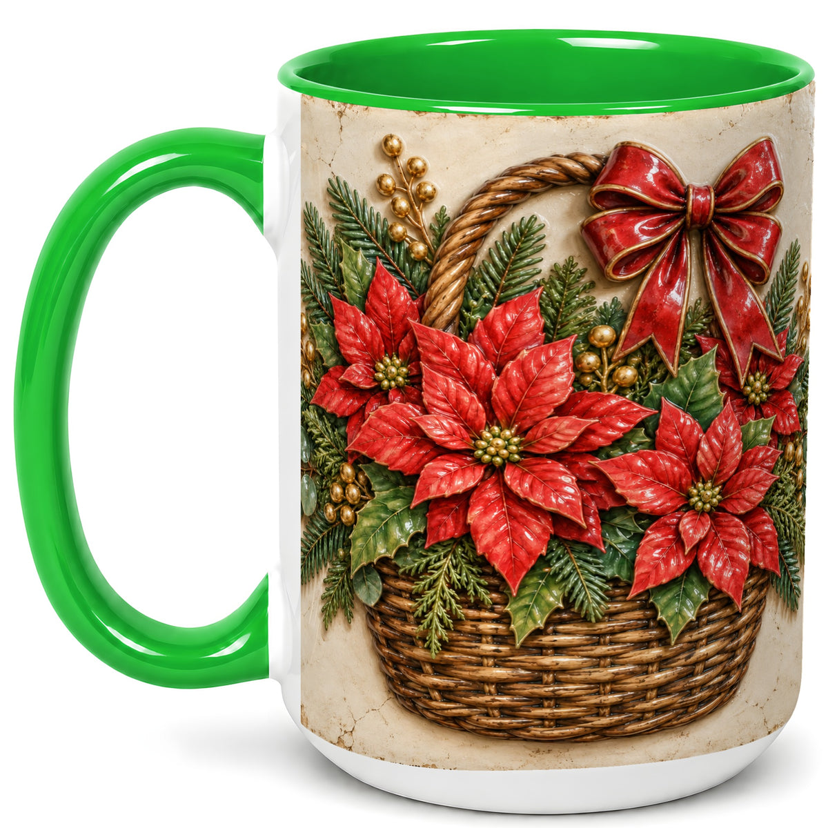 #pl[15oz|Green] Christmas Poinsettia Basket Coffee Mug, Vintage Floral Mug, Ceramic Cup