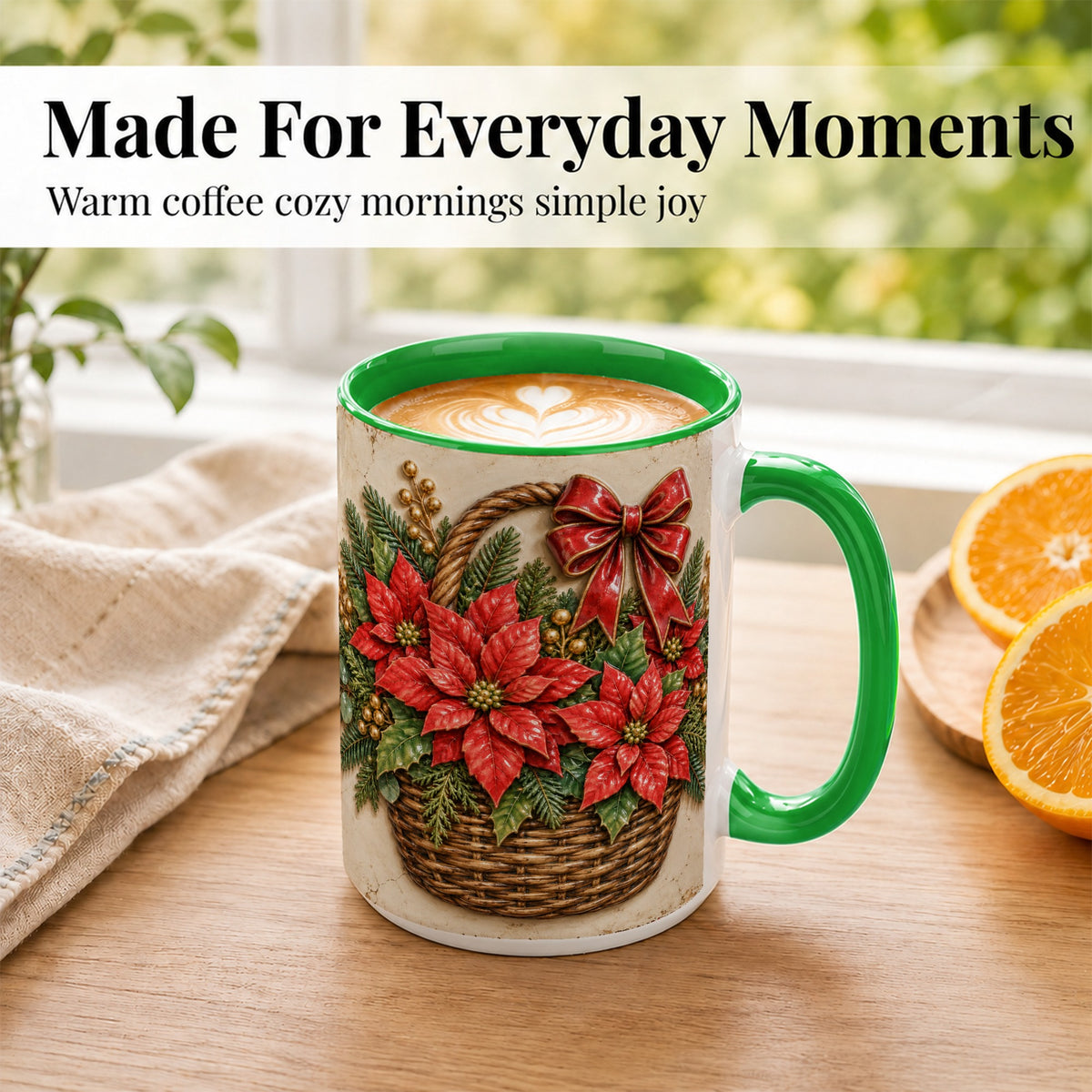 #pl[15oz|Green] Christmas Poinsettia Basket Coffee Mug, Vintage Floral Mug, Ceramic Cup