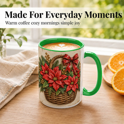 #pl[15oz|Green] Christmas Poinsettia Basket Coffee Mug, Vintage Floral Mug, Ceramic Cup