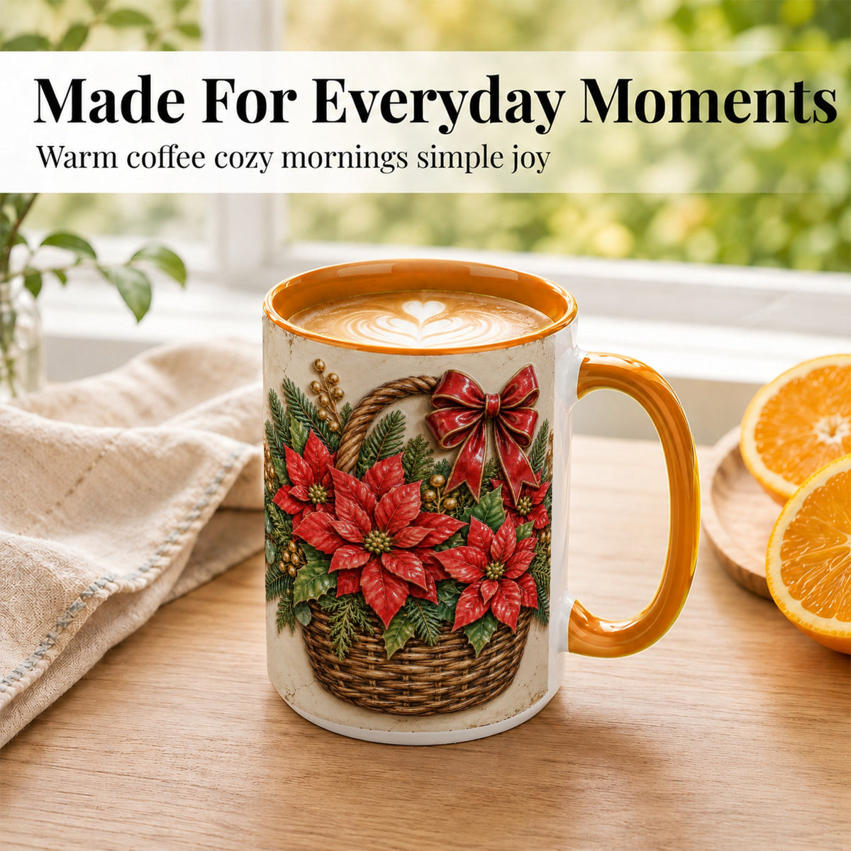 #pl[15oz|Orange] Christmas Poinsettia Basket Coffee Mug, Vintage Floral Mug, Ceramic Cup