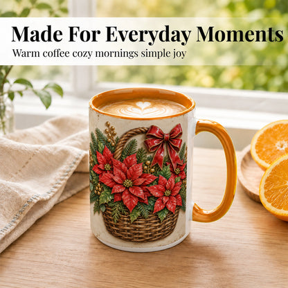 #pl[15oz|Orange] Christmas Poinsettia Basket Coffee Mug, Vintage Floral Mug, Ceramic Cup