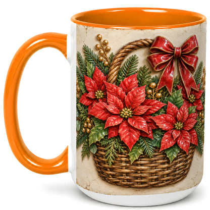 #pl[15oz|Orange] Christmas Poinsettia Basket Coffee Mug, Vintage Floral Mug, Ceramic Cup