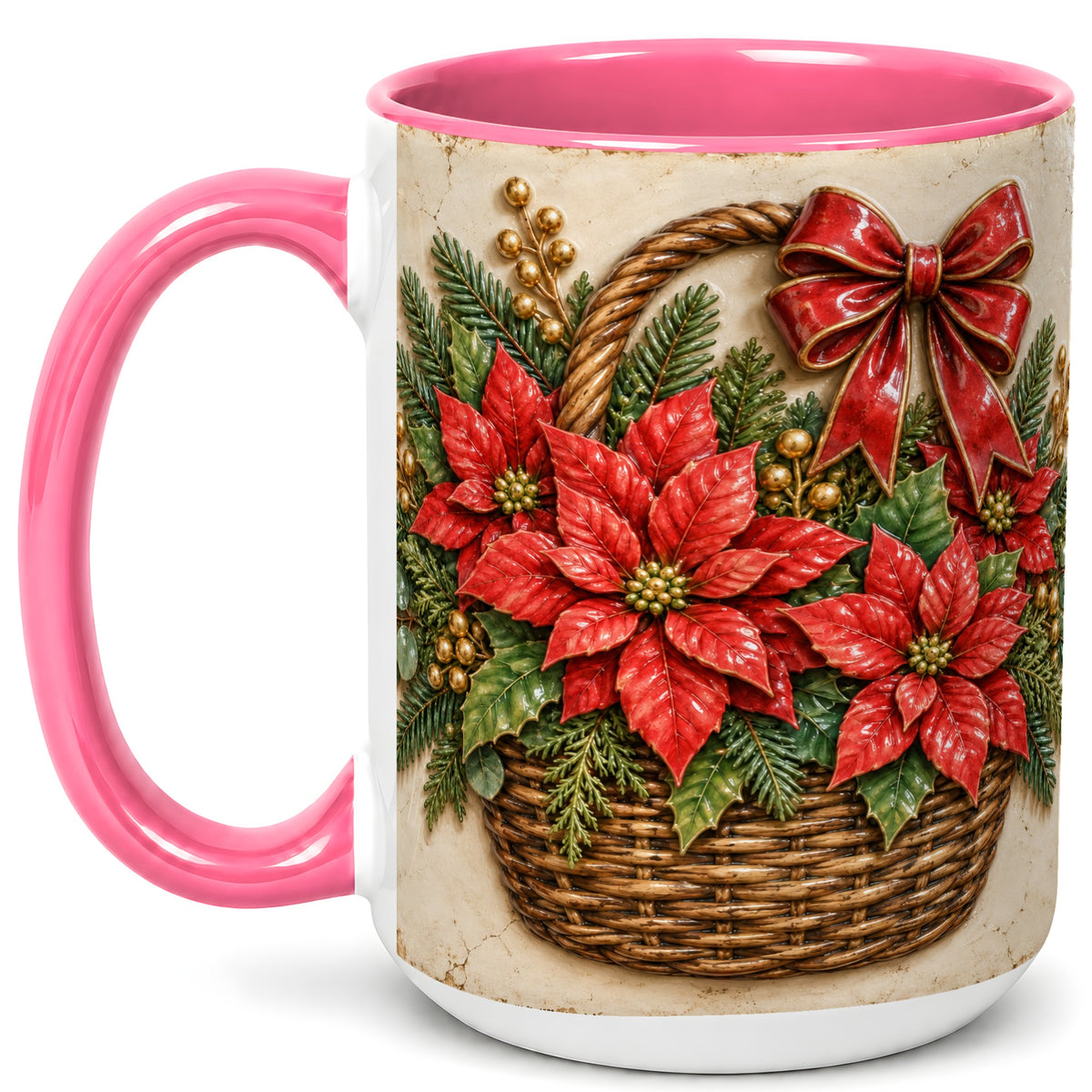 #pl[15oz|Pink] Christmas Poinsettia Basket Coffee Mug, Vintage Floral Mug, Ceramic Cup