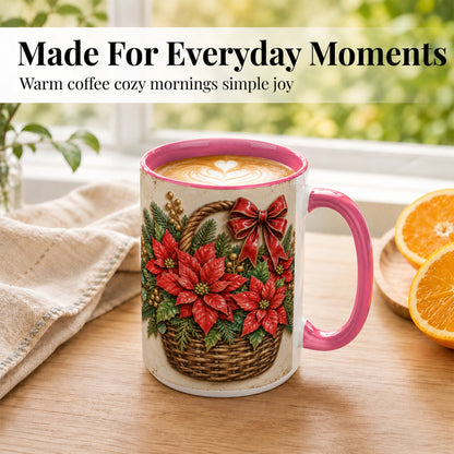 #pl[15oz|Pink] Christmas Poinsettia Basket Coffee Mug, Vintage Floral Mug, Ceramic Cup