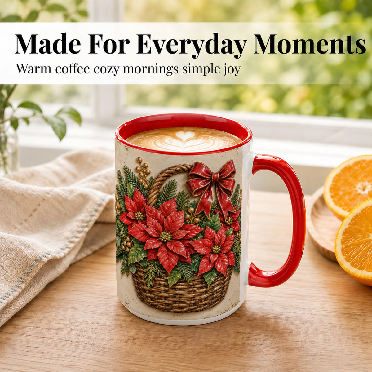 #pl[15oz|Red] Christmas Poinsettia Basket Coffee Mug, Vintage Floral Mug, Ceramic Cup