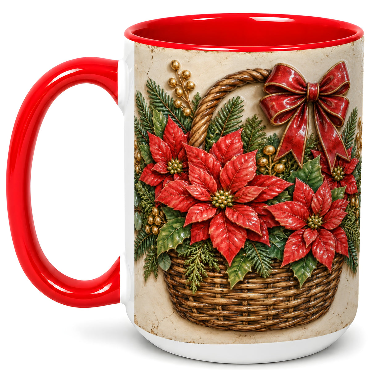 #pl[15oz|Red] Christmas Poinsettia Basket Coffee Mug, Vintage Floral Mug, Ceramic Cup