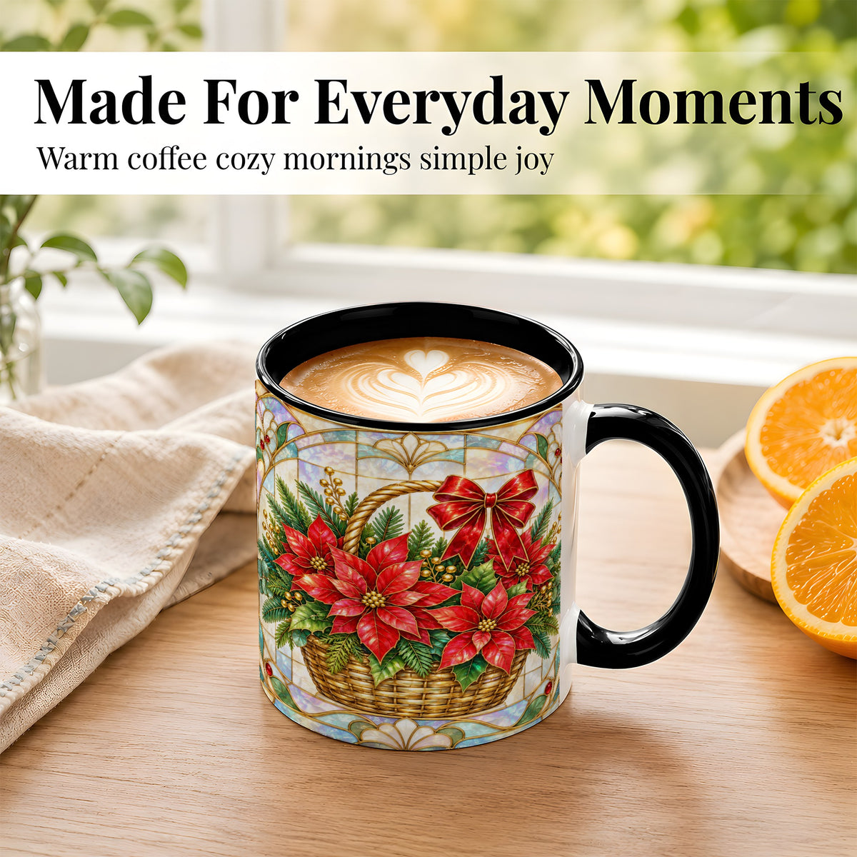 #pl[11oz|Black] Stained Glass Poinsettia Coffee Mug, Christmas Floral Mug, Ceramic Cup
