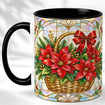 #pl[11oz|Black] Stained Glass Poinsettia Coffee Mug, Christmas Floral Mug, Ceramic Cup